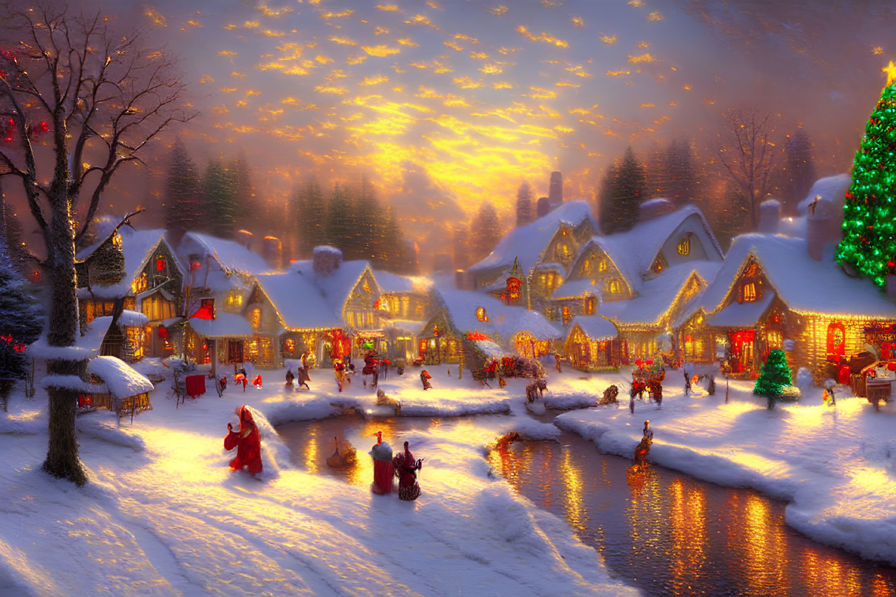 Snow-covered village at dusk with Christmas tree and river activities.