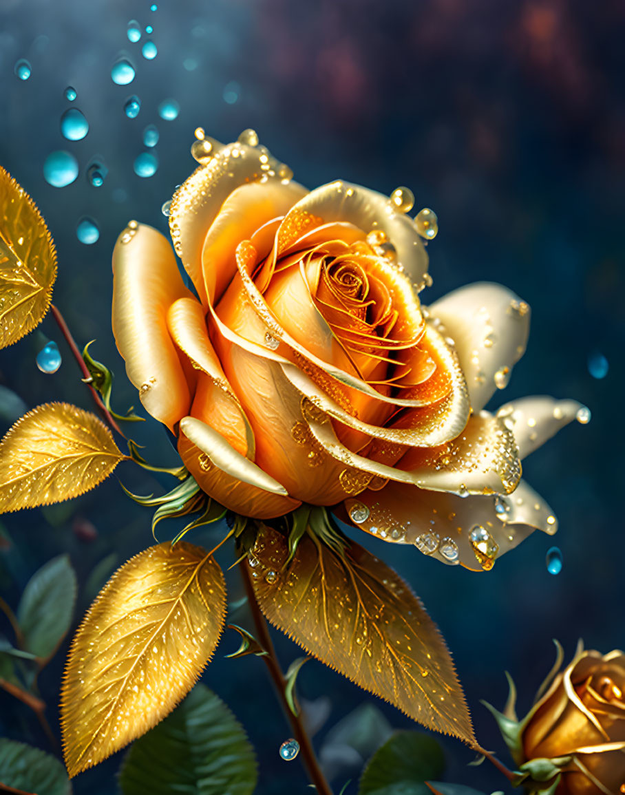 Golden Rose with Dewdrops on Mystical Blue Background