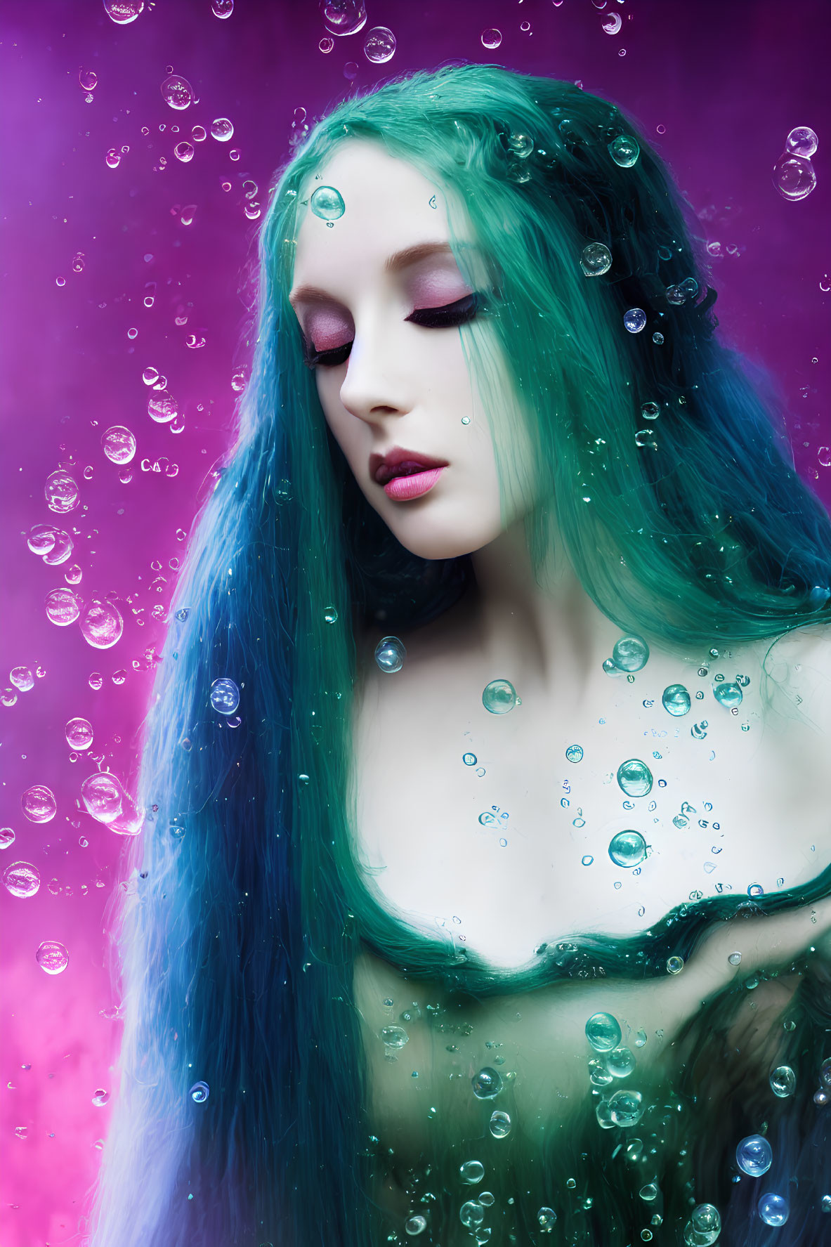 Blue-haired woman with dark makeup on purple background with floating bubbles