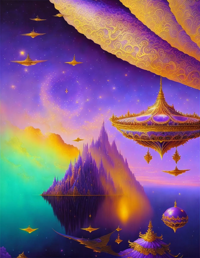 Fantasy landscape with floating temple above mountain island
