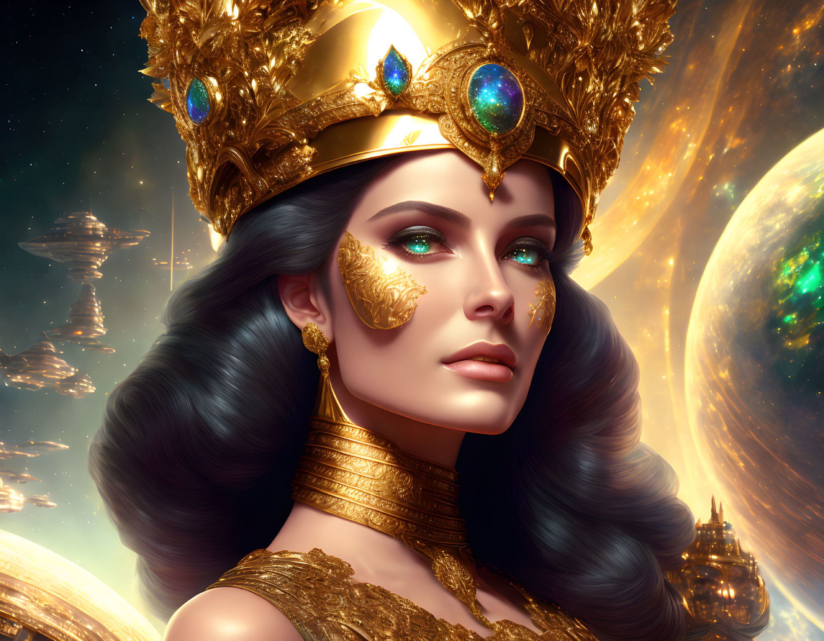 Regal figure with golden crown and cosmic backdrop.