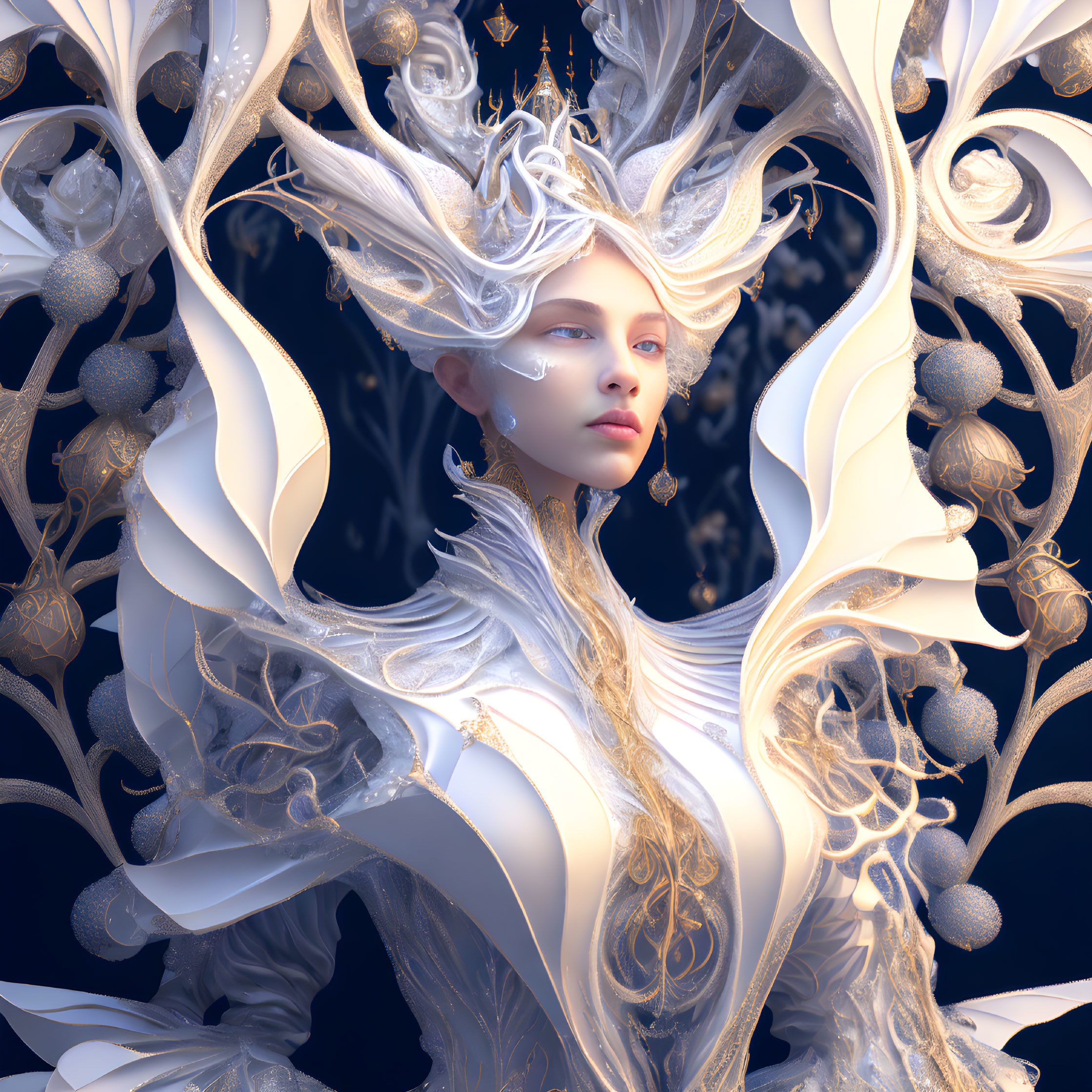 Ethereal woman in white and gold attire with intricate patterns