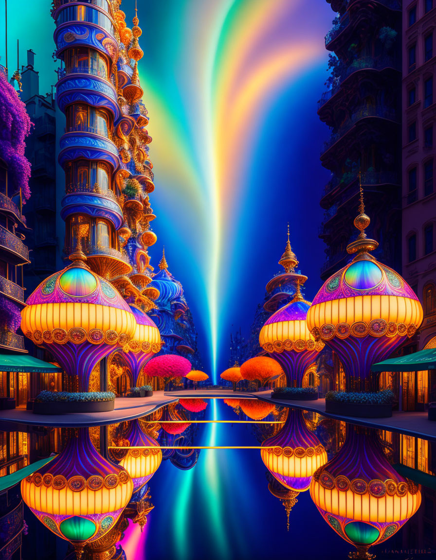 Fantastical night cityscape with purple and gold hues, bright light beam reflected on water