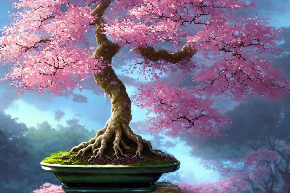 Vibrant pink cherry blossoms on bonsai tree in green pot against mystical forest backdrop