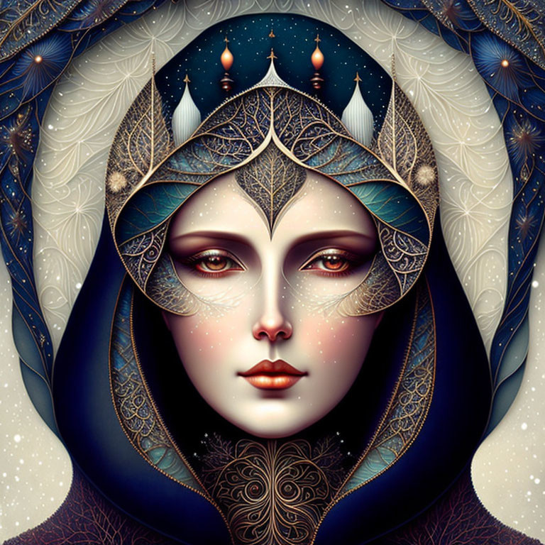 Illustrated female figure with pale face and candles headpiece in intricate night sky setting