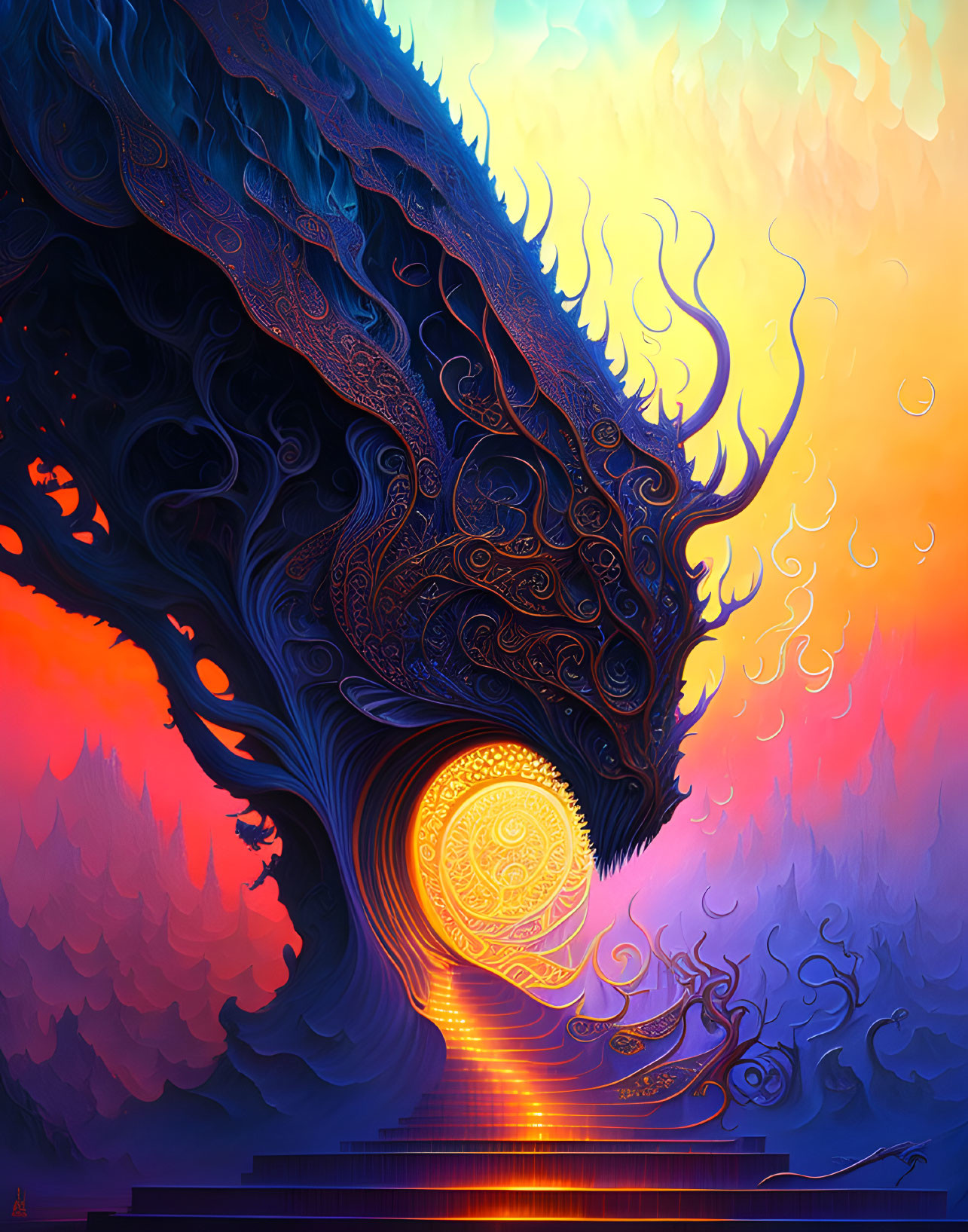 Colorful Digital Art: Stylized Dragon Circling Sun-like Orb