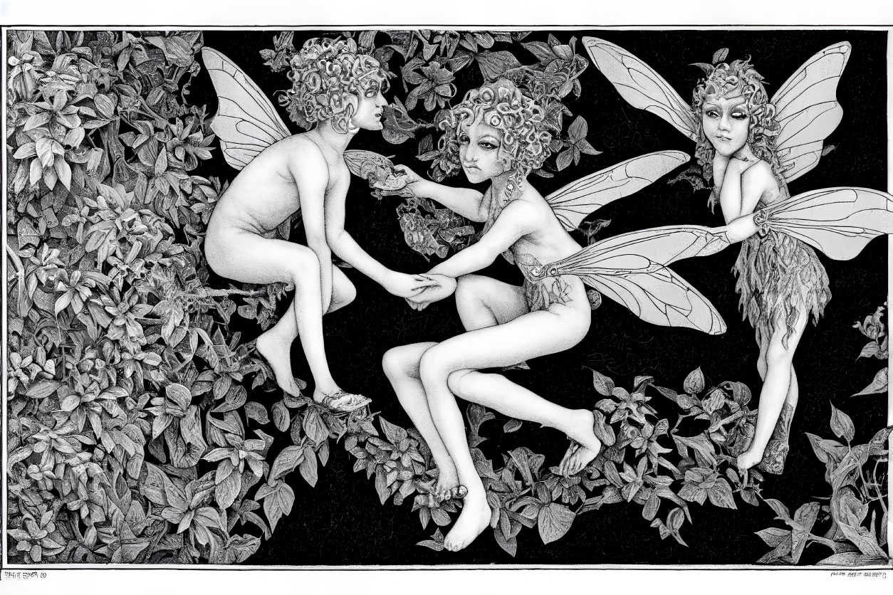 Detailed illustration of three fairies with intricate wings in leafy foliage.