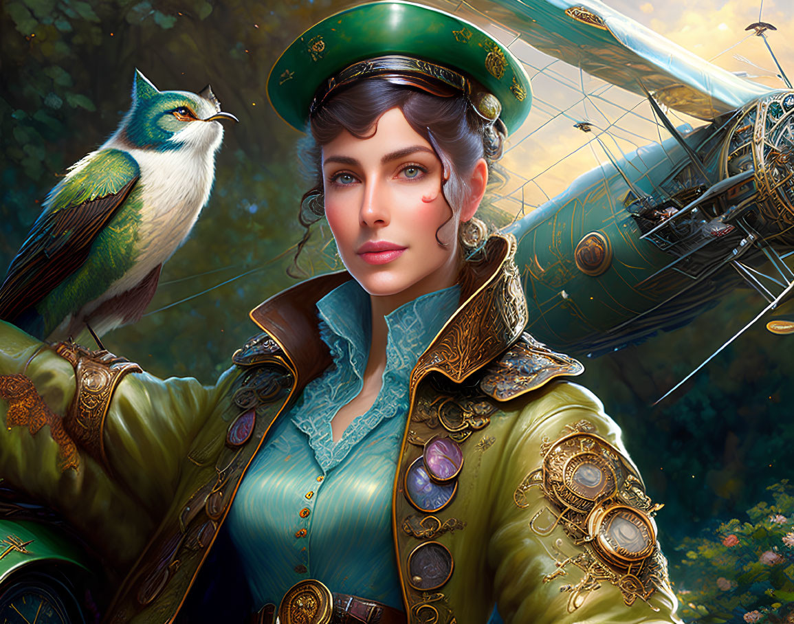 Steampunk-themed woman with bird near forest airship