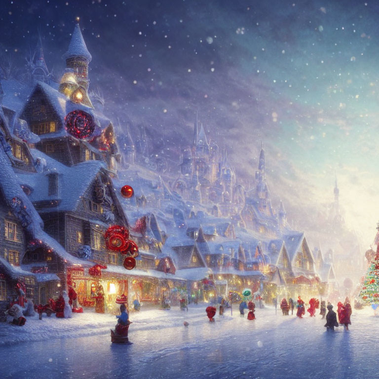 Snowy Christmas village with festive decorations and bustling crowd