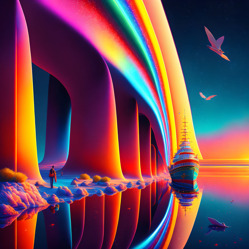 Colorful digital artwork: Person by water, futuristic arc, ship, birds, sunset