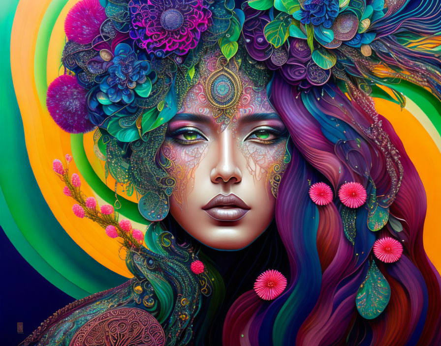 Colorful digital artwork of woman with multicolored hair and floral patterns on skin