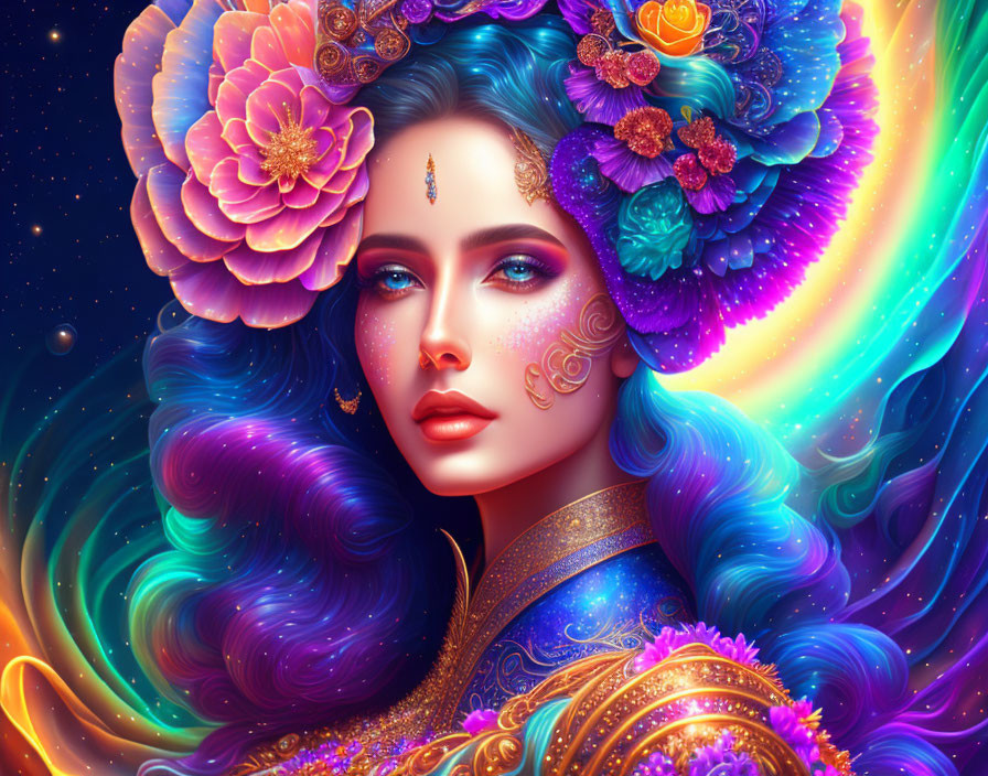 Colorful portrait of woman with floral and cosmic hair on starry backdrop