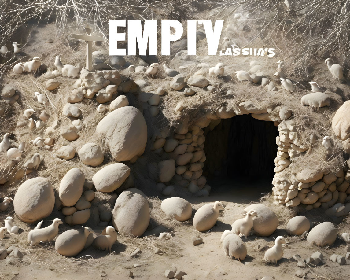 Conceptual art scene with "EMPTY" inscription above cave and stones conveying desolation.