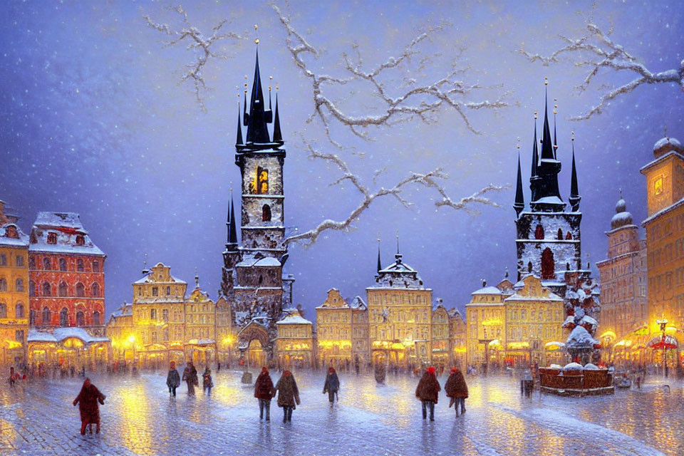 Historic winter town square with illuminated buildings and falling snow