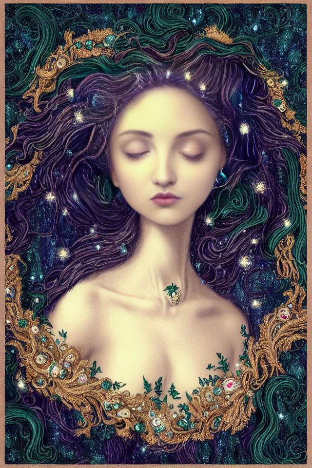 Ethereal woman with dark hair and galaxy motif necklace on cosmic backdrop