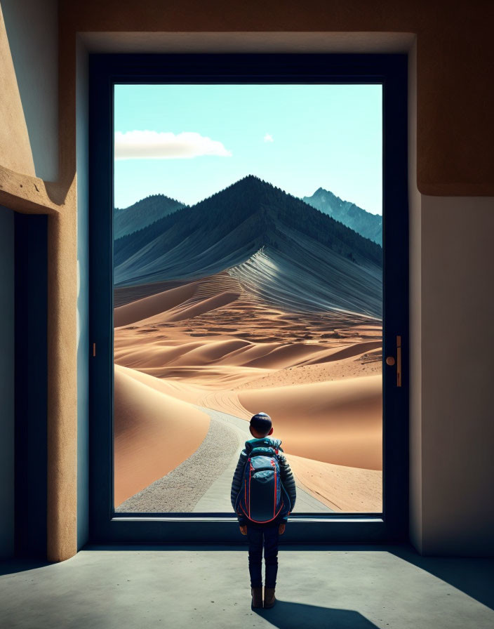 Person standing at open door overlooking vast desert with towering dunes