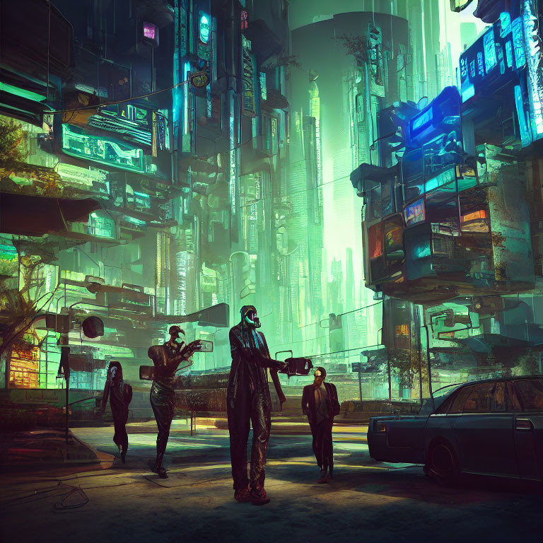 Futuristic neon-lit urban street with people at night