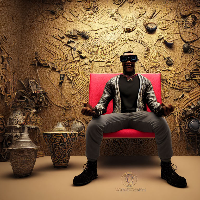 Person in VR goggles meditates on red chair with golden designs and pottery background