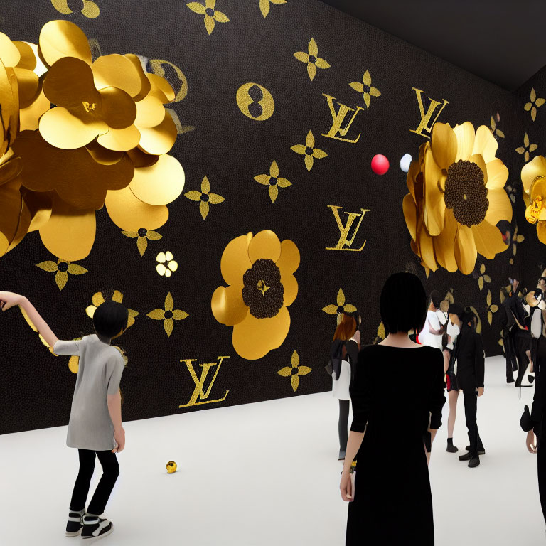 Group of people admiring LV initials on golden floral wall with interactive rods