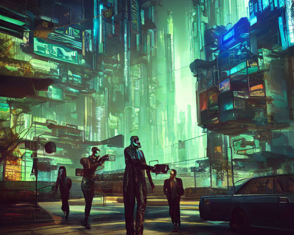 Futuristic neon-lit urban street with people at night