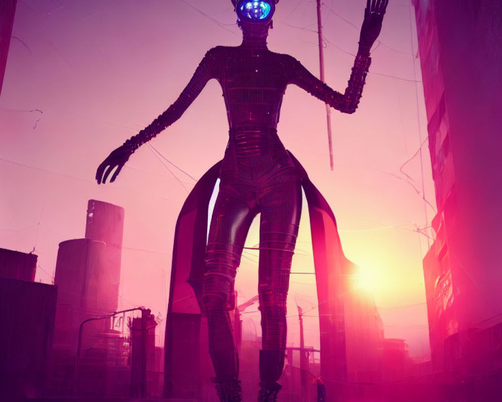 Glowing blue-faced humanoid robot in futuristic cityscape at sunset