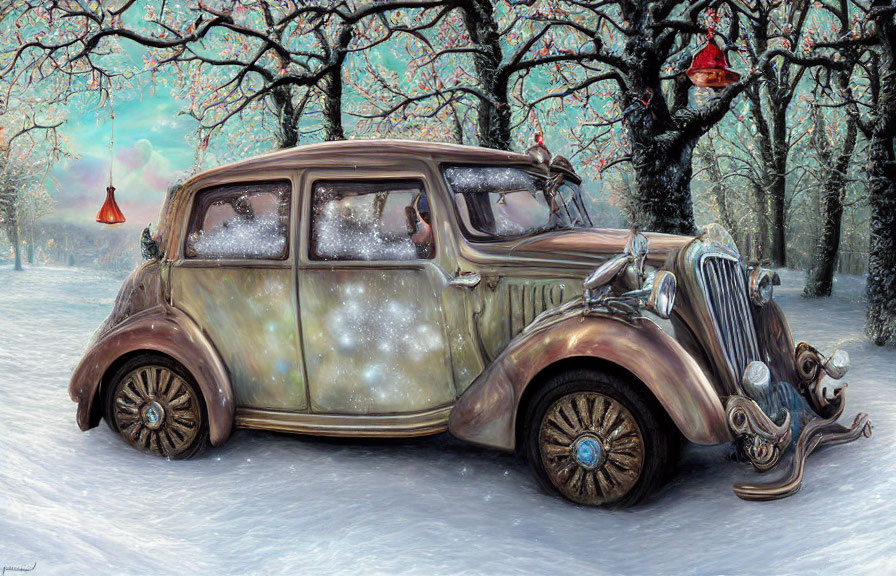 Vintage Car with Intricate Designs in Snowy Landscape with Bare Trees