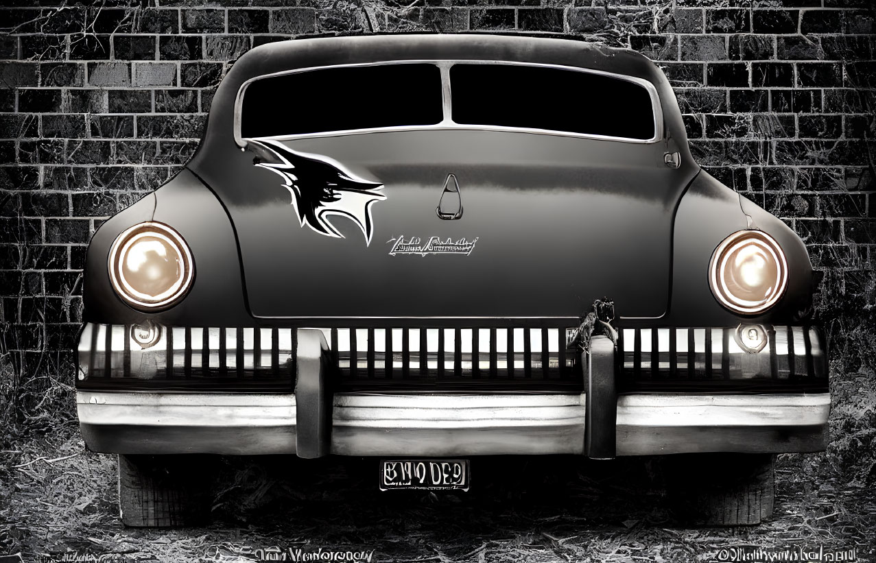 Vintage car with glowing headlights and stylized graphics on "The end" license plate in monochrome against