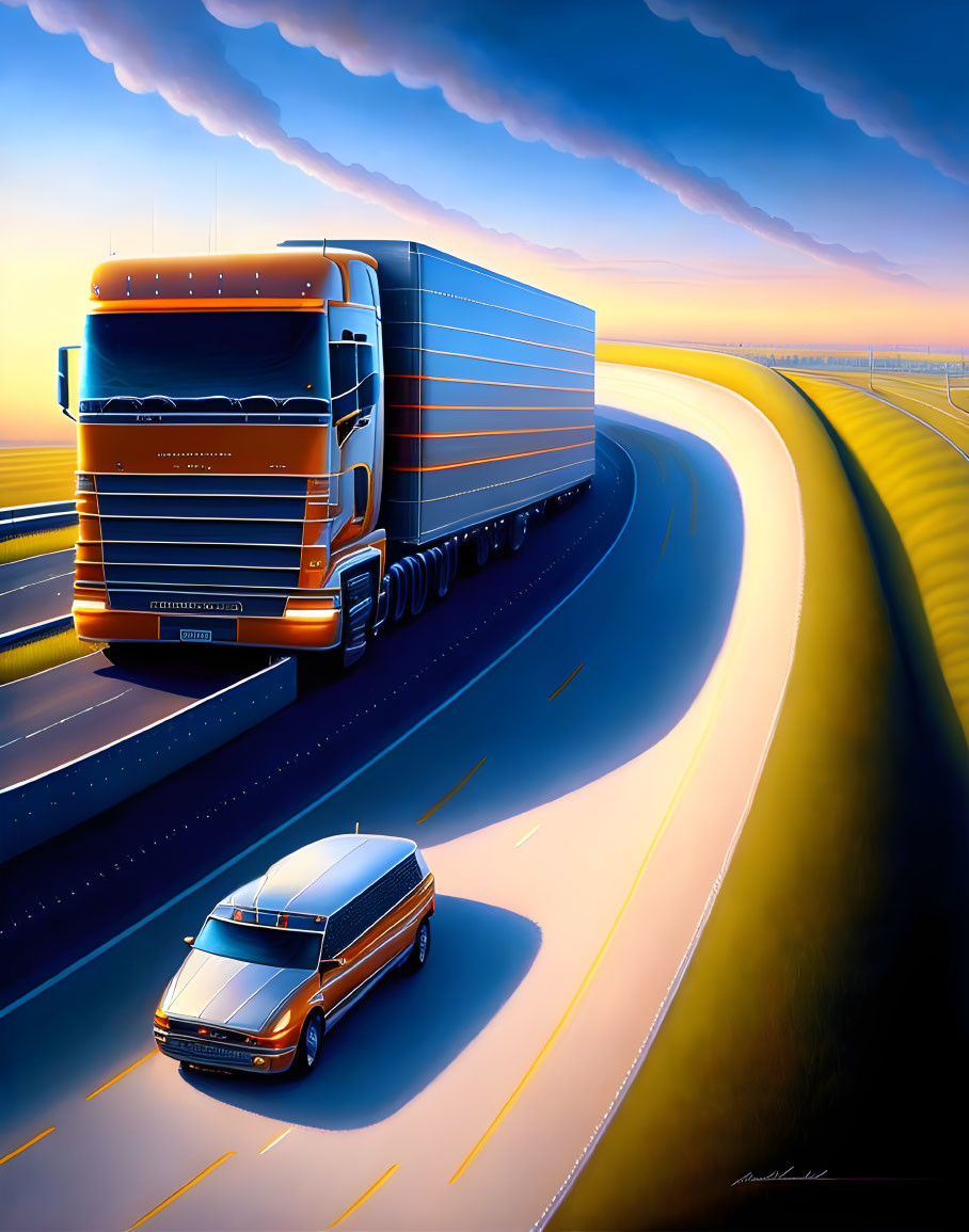 Large orange truck leads smaller vehicle on curving highway at sunset with dramatic clouds.