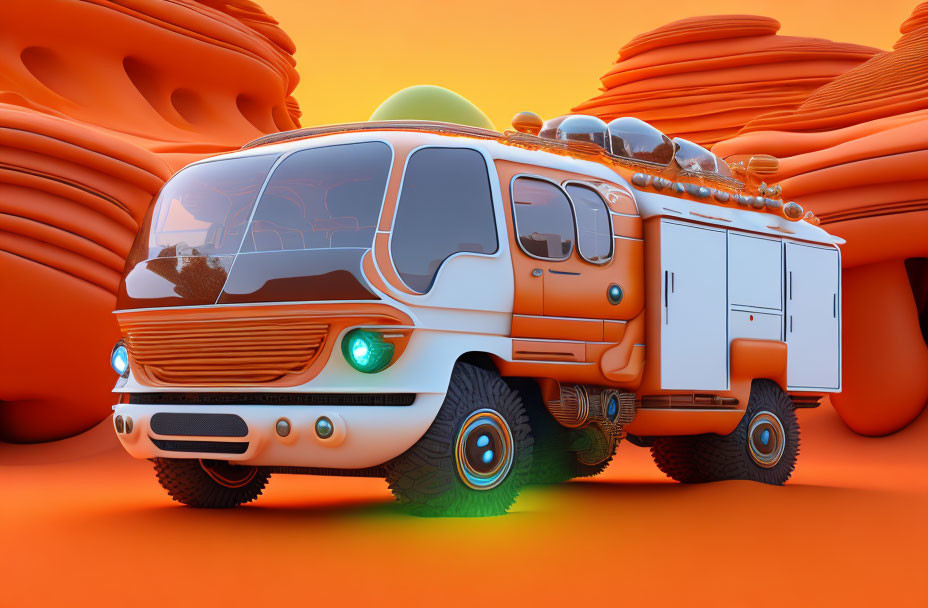 Futuristic orange and white vehicle in stylized landscape