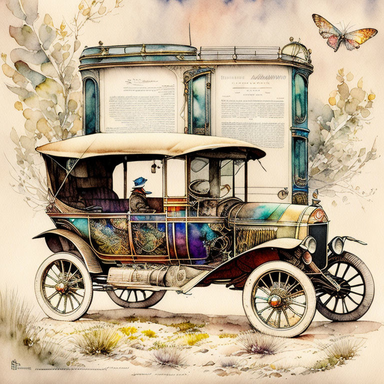 Vintage vehicle with bookshelves, reading material, floral elements, and butterfly