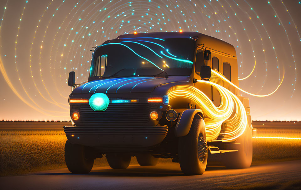 Illuminated Outlined Truck with Swirling Light Trails in Night Sky