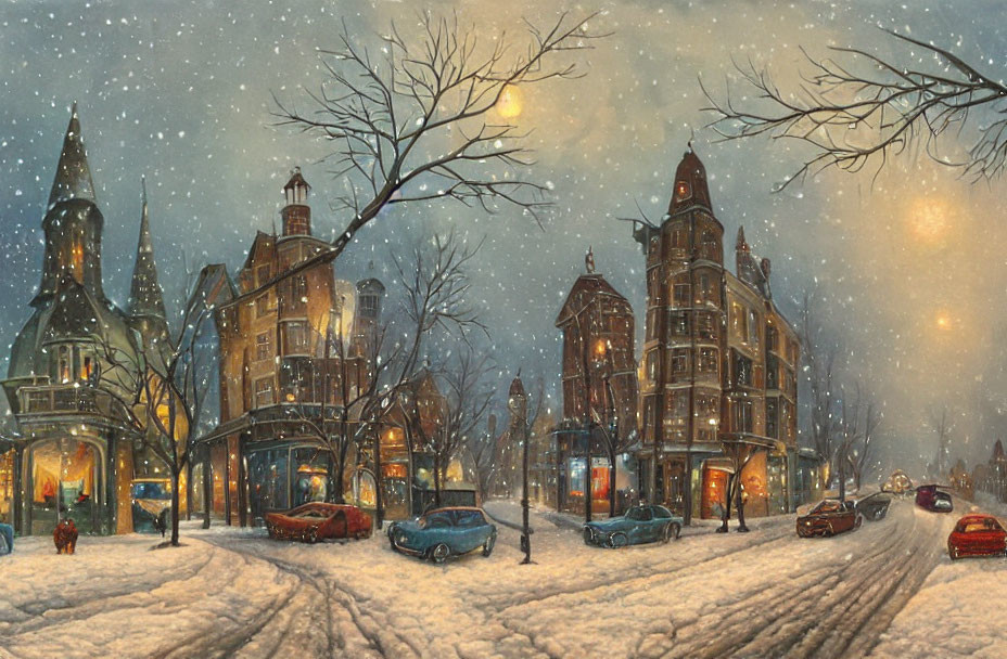 Victorian-style buildings in snowy evening cityscape