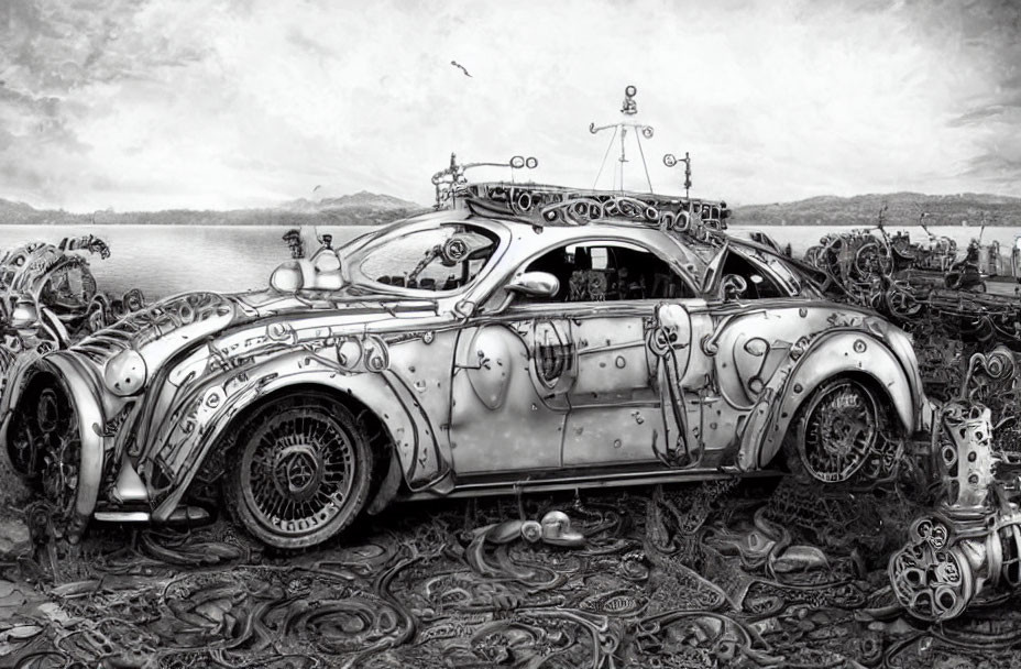 Monochrome illustration of whimsical modified car with mechanical appendages.