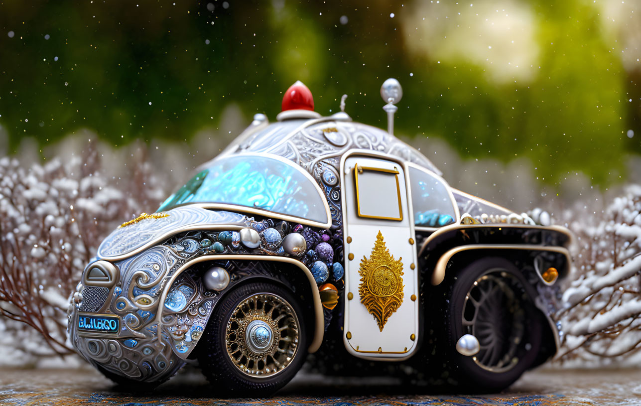 Ornate Toy Car with Gemstones and Festive Hat on Wintry Background