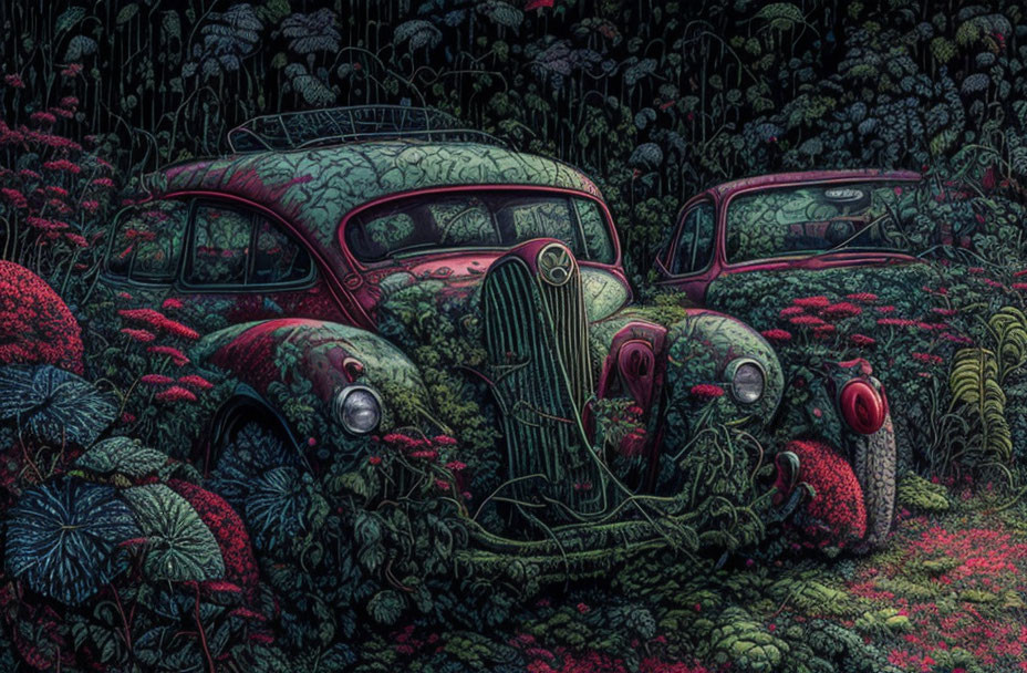 Vintage car reclaimed by nature in lush forest setting