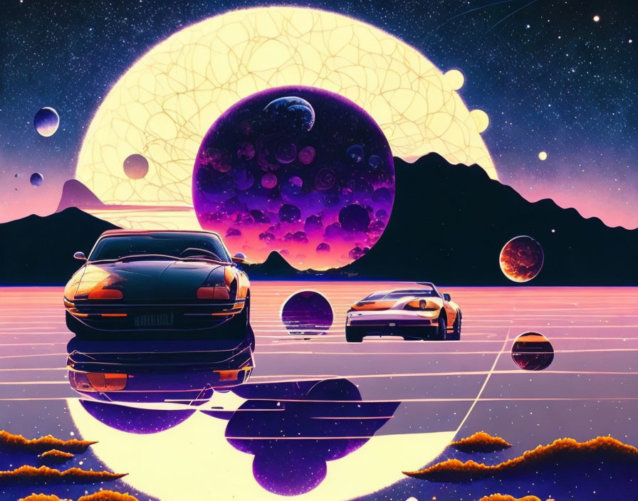 Retro-futuristic illustration of two sports cars on glass surface under purple sky