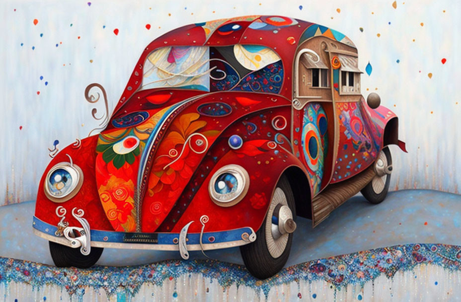 Whimsical illustration of vibrant Volkswagon Beetle house