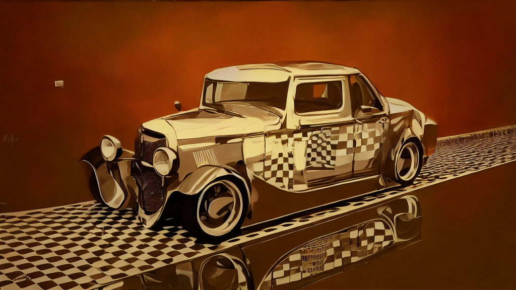 Digitally stylized classic car with checkered pattern on reflective surface against orange backdrop