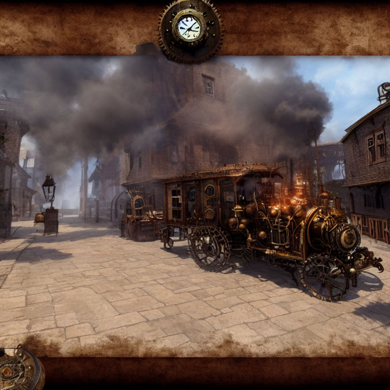 Steampunk locomotive on cobblestone street with vintage buildings and clock-filled sky.