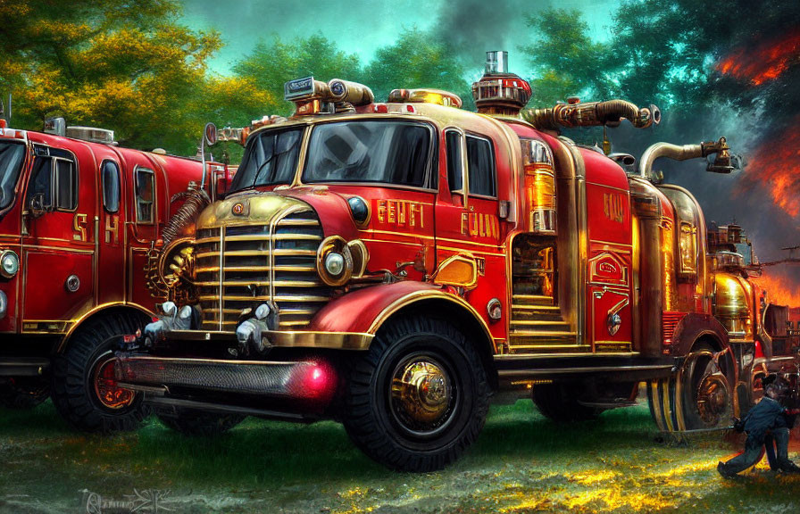 Vintage Fire Trucks and Firefighters in Forest Setting