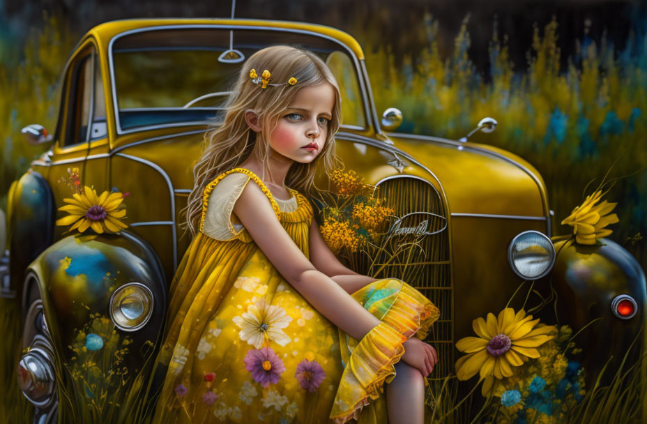 Young girl in yellow dress by old car in field of yellow wildflowers