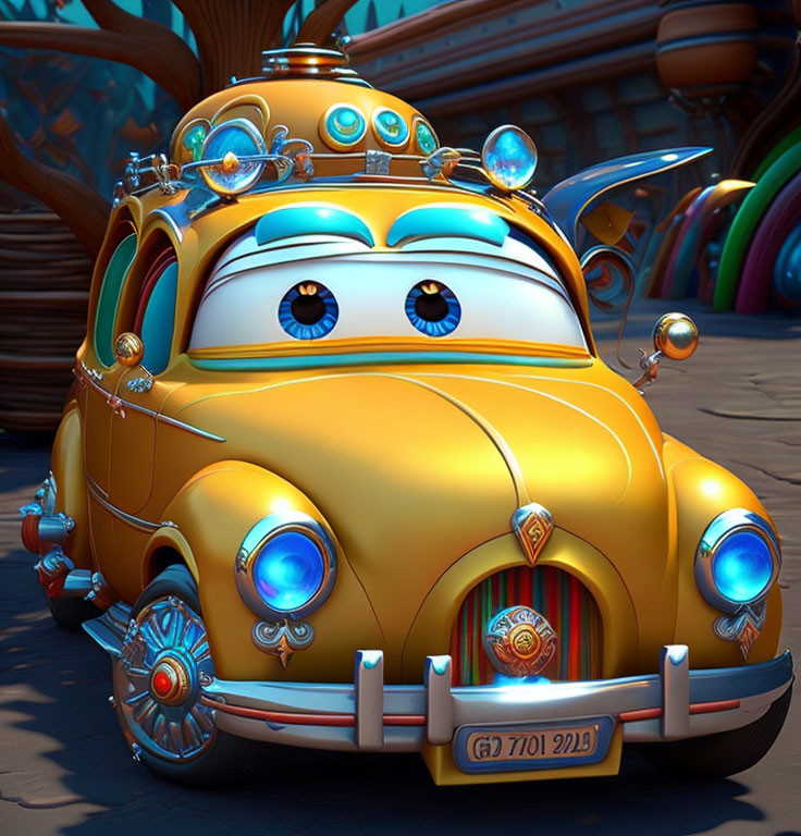 Stylized animated car with smiling face and gadgets on colorful background