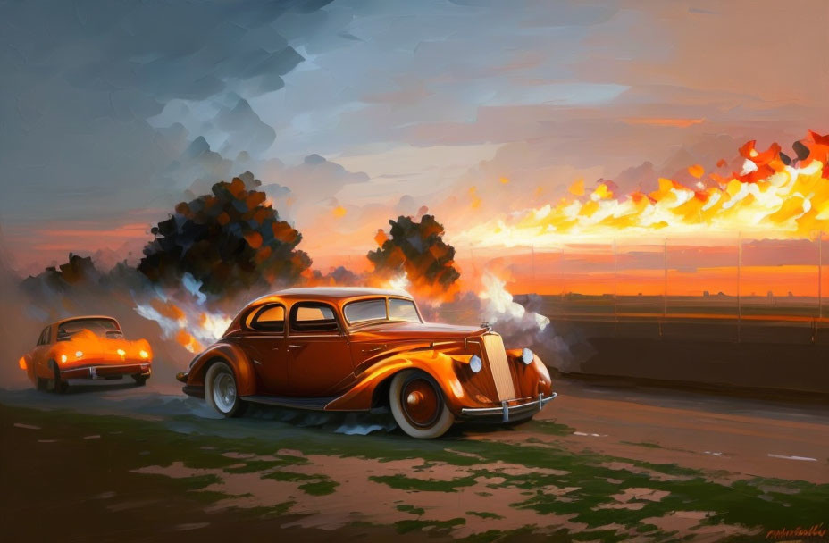 Vintage Cars Racing at Sunset with Dramatic Clouds and Flames