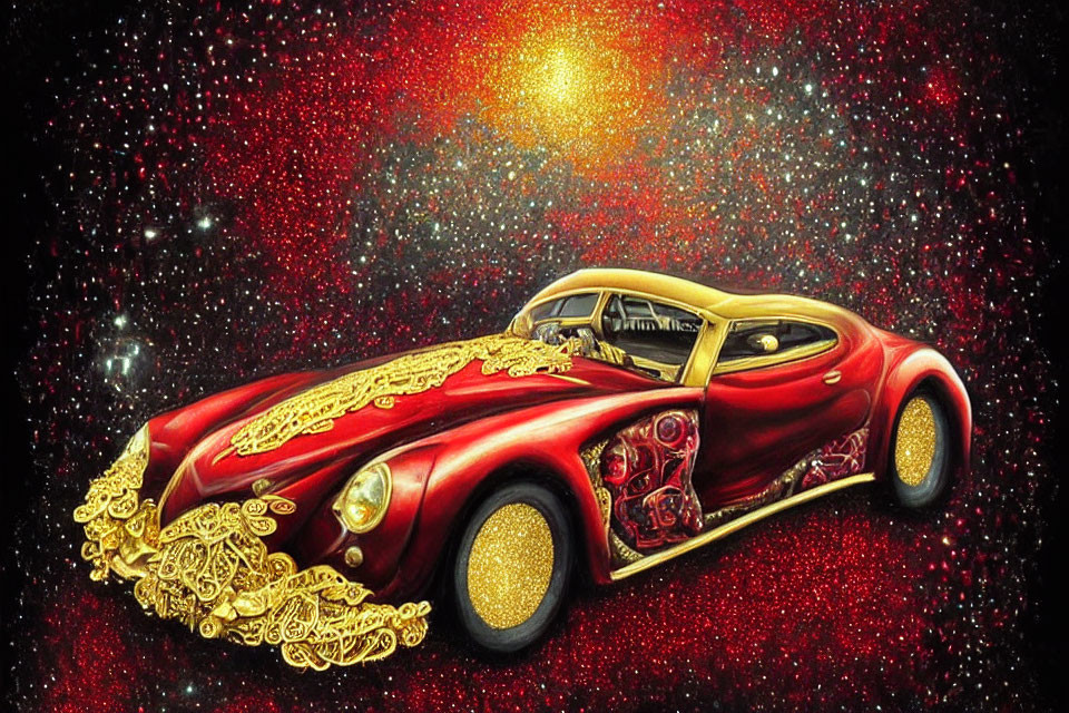 Red Classic Car with Gold Detailing on Space-themed Background