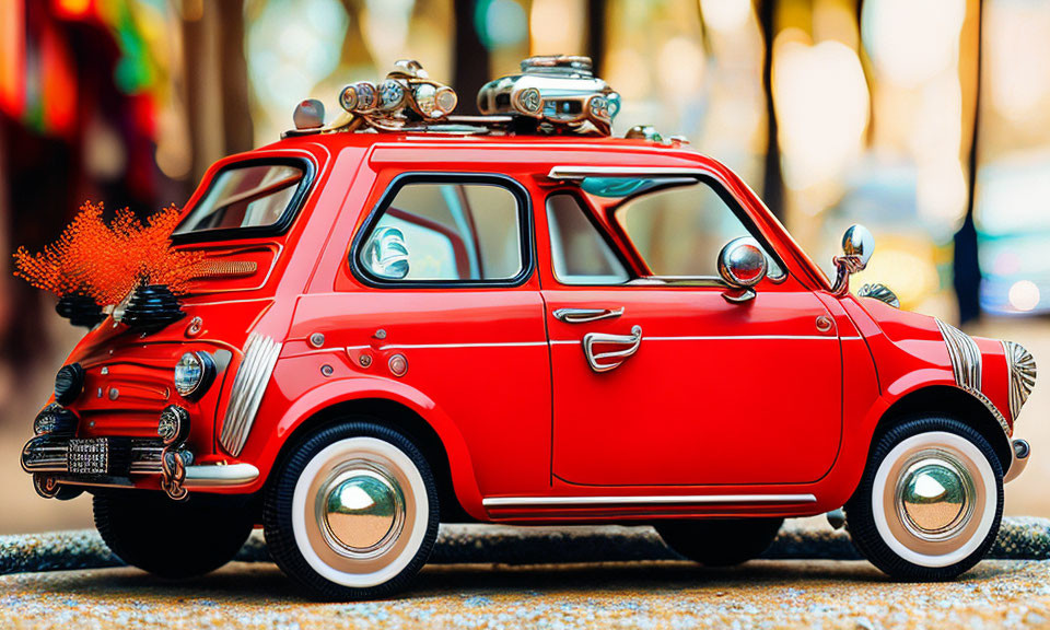 Red Vintage Car Model with Luggage and Flowers