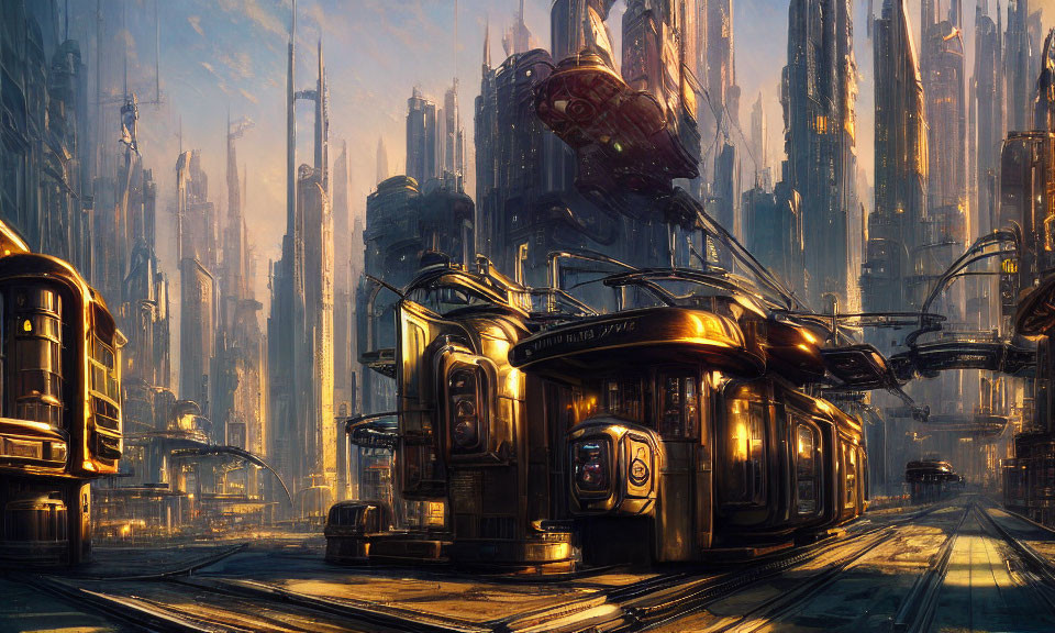 Futuristic cityscape with skyscrapers, tram, and flying vehicles at dawn