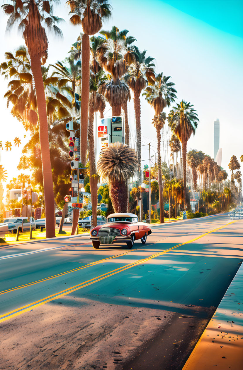 Classic Car Driving Down Sunlit Palm Tree Lined Street
