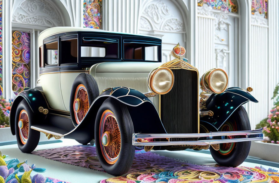 Vintage Car in Ornate Room with Elaborate Design