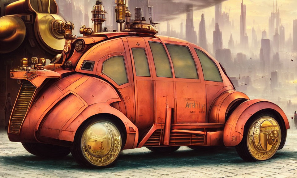 Retro-futuristic Orange Vehicle with Steampunk Design in Industrial Cityscape