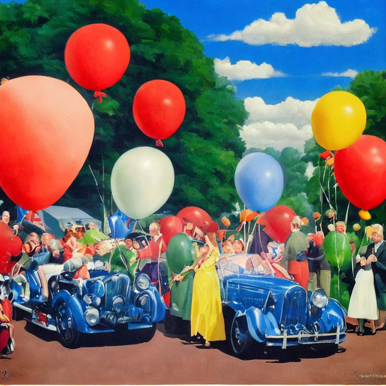 Elegant outdoor event with formal attire, colorful balloons, and vintage cars